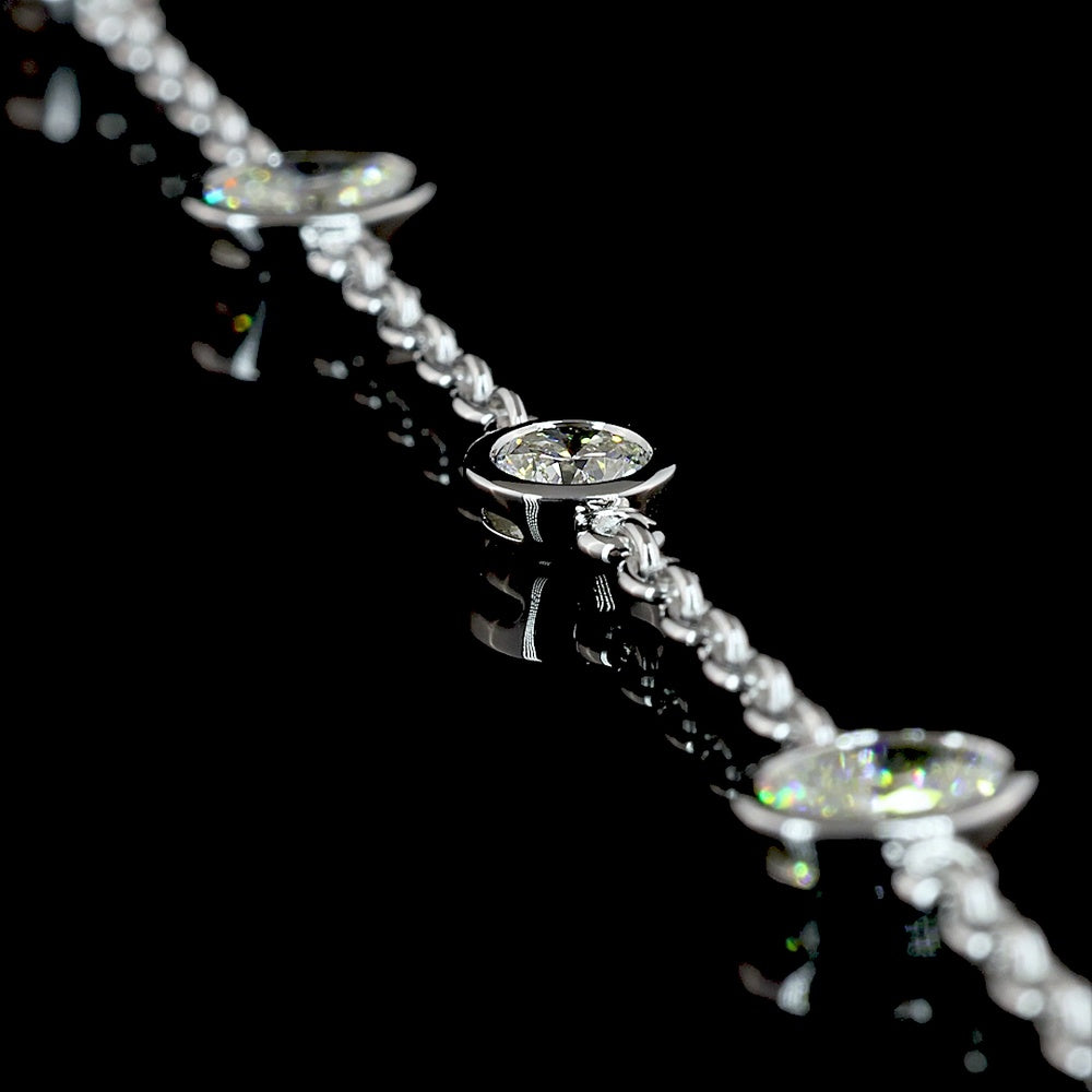 14K White Gold Station Necklace with Bezel Set Oval and Brilliant Cut Lab Diamonds - 4.26 Carat Total Weight - Covaloro Fine Jewelry
