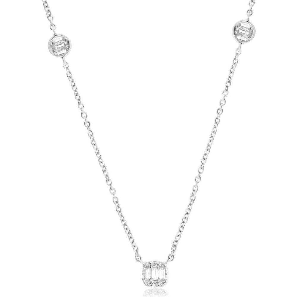 14K White Gold Station Necklace with Bezel-Set Round and Baguette Diamonds - 0.19 Carat Total Diamond Weight - Royal Jewelry