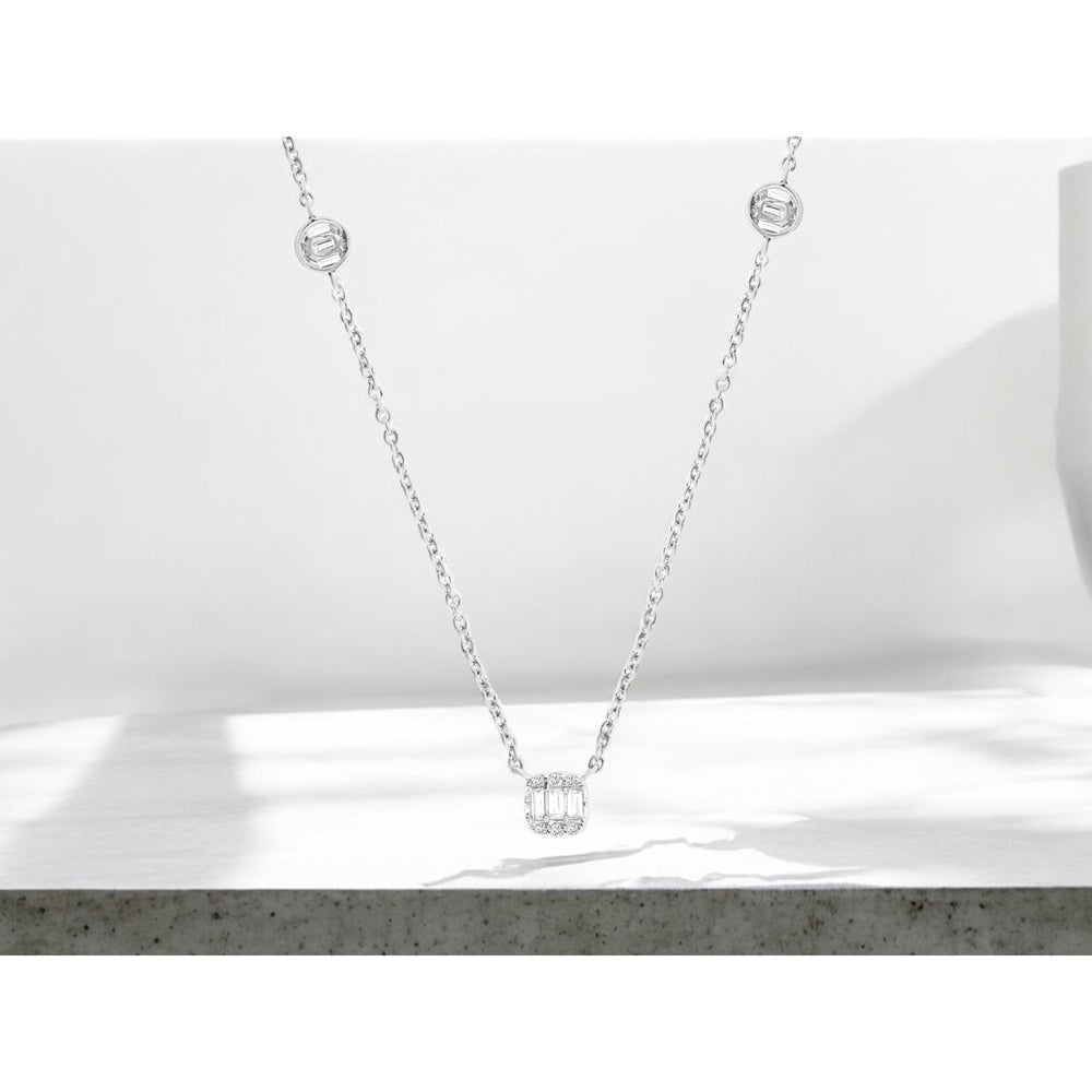14K White Gold Station Necklace with Bezel-Set Round and Baguette Diamonds - 0.19 Carat Total Diamond Weight - Royal Jewelry