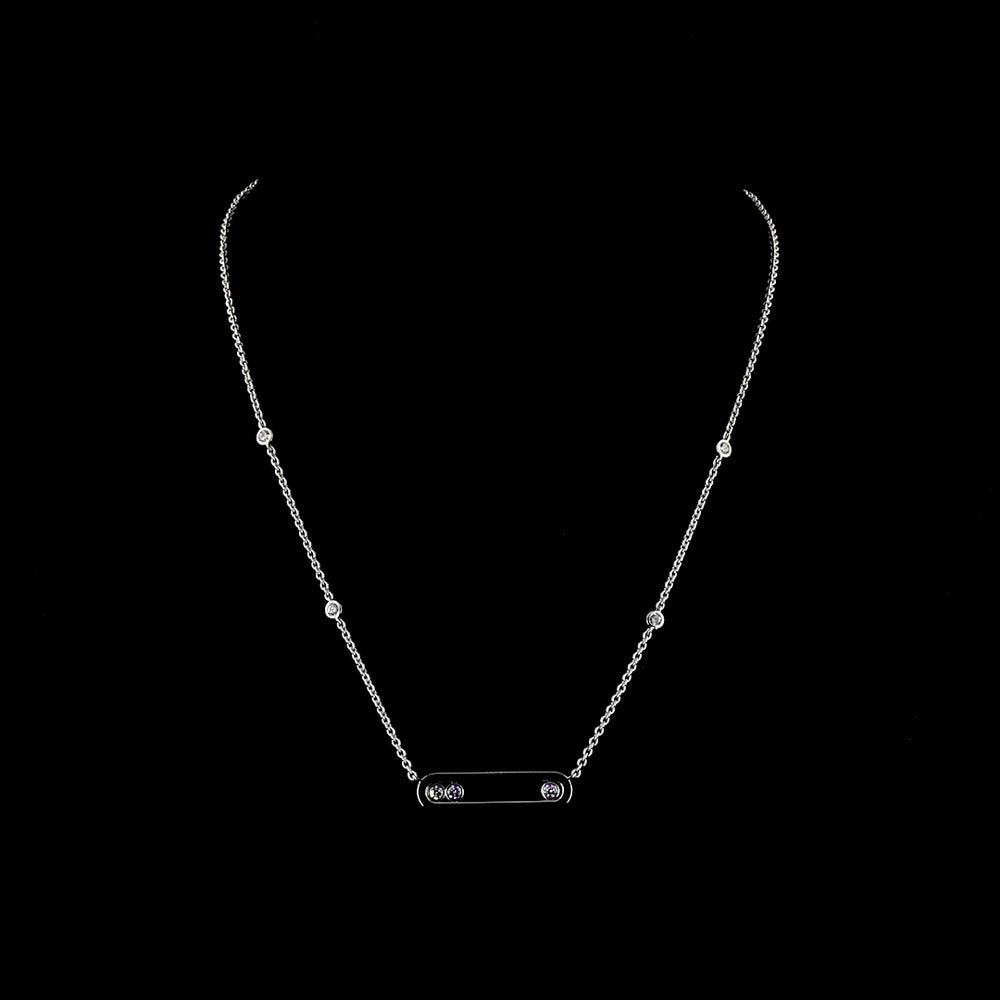 14K White Gold Station Necklace with Bezel Set Round Lab Diamonds and Geometric Bar Pendant - 0.42 Carat Total Diamond Weight - Covaloro Fine Jewelry