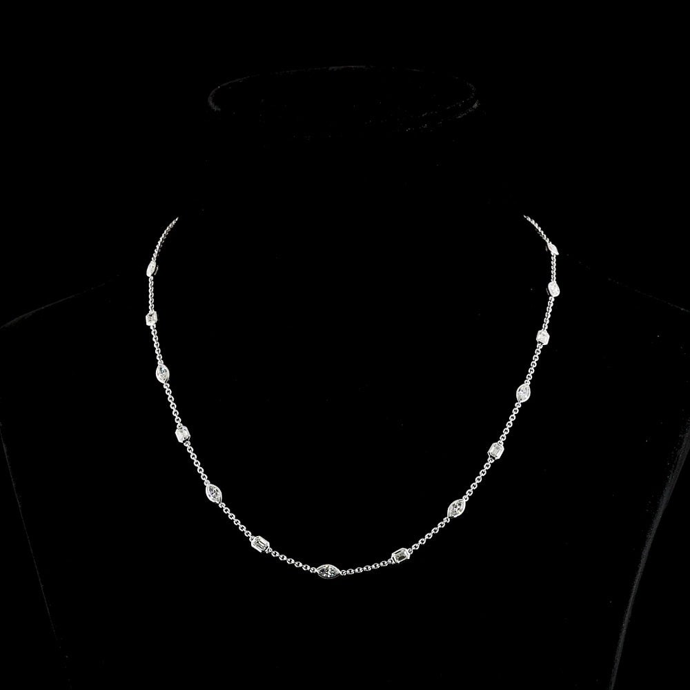 14K White Gold Station Necklace with East-West Marquise and Emerald Cut Lab Diamonds - 2.79 Carats Total Weight - Covaloro Fine Jewelry