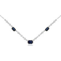 14K White Gold Station Necklace with Emerald-Cut Sapphires and Round Diamond Accents - 1.40 Carat Total Sapphire Weight and 0.50 Carat Total Diamond Weight - Royal Jewelry