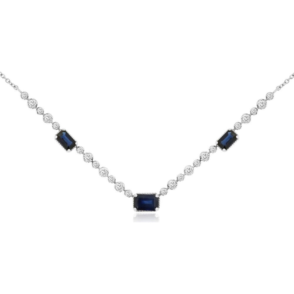 14K White Gold Station Necklace with Emerald-Cut Sapphires and Round Diamond Accents - 1.40 Carat Total Sapphire Weight and 0.50 Carat Total Diamond Weight - Royal Jewelry