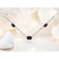 14K White Gold Station Necklace with Emerald-Cut Sapphires and Round Diamond Accents - 1.40 Carat Total Sapphire Weight and 0.50 Carat Total Diamond Weight - Royal Jewelry