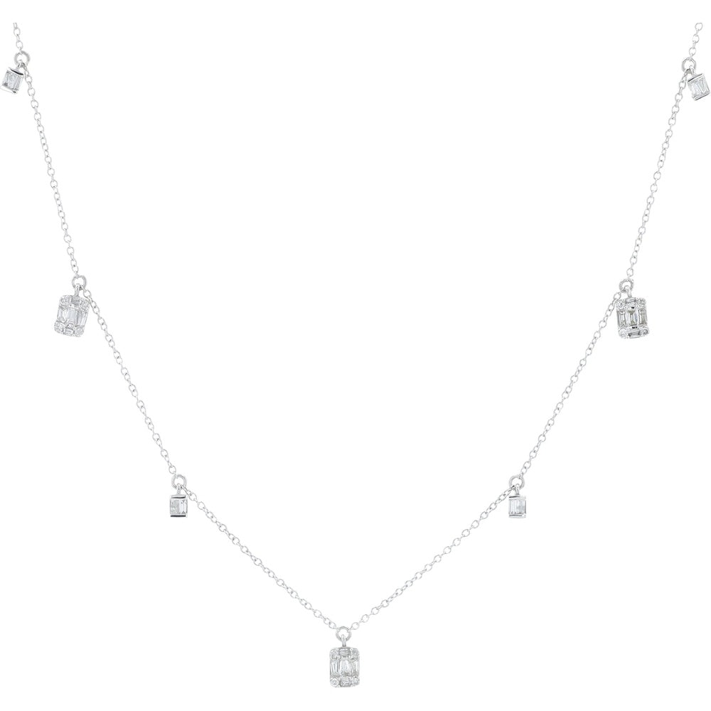 14K White Gold Station Necklace with Geometric Baguette and Round Diamond Drops - 0.50 Carat Total Diamond Weight