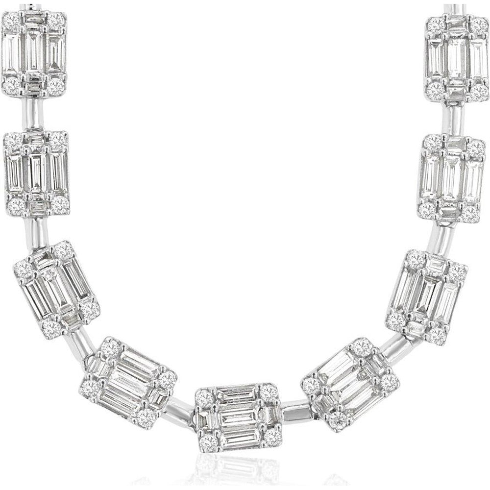 14K White Gold Station Necklace with Openwork Baguette and Round Diamond Links - 2.40 Carat Total Diamond Weight - Royal Jewelry