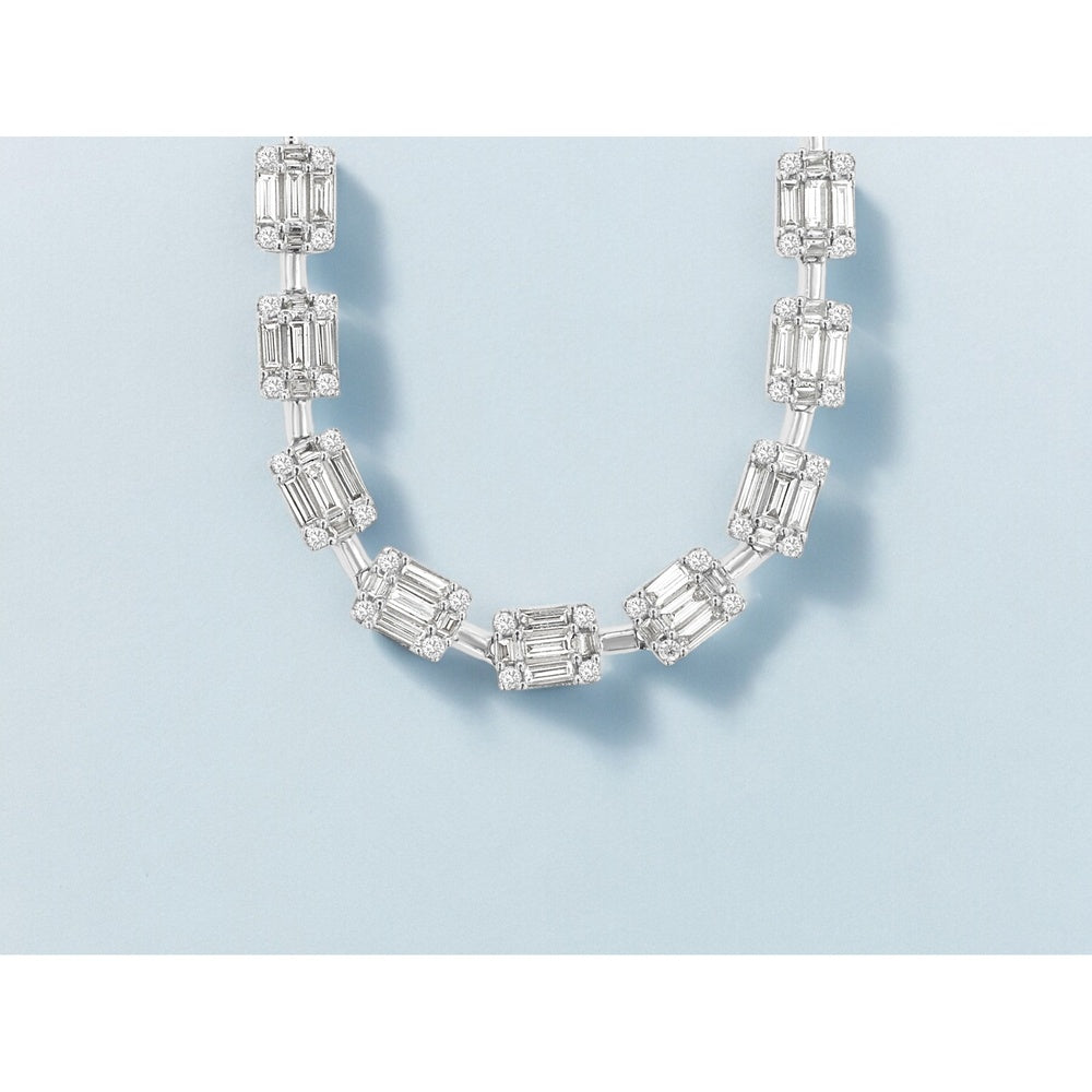 14K White Gold Station Necklace with Openwork Baguette and Round Diamond Links - 2.40 Carat Total Diamond Weight - Royal Jewelry