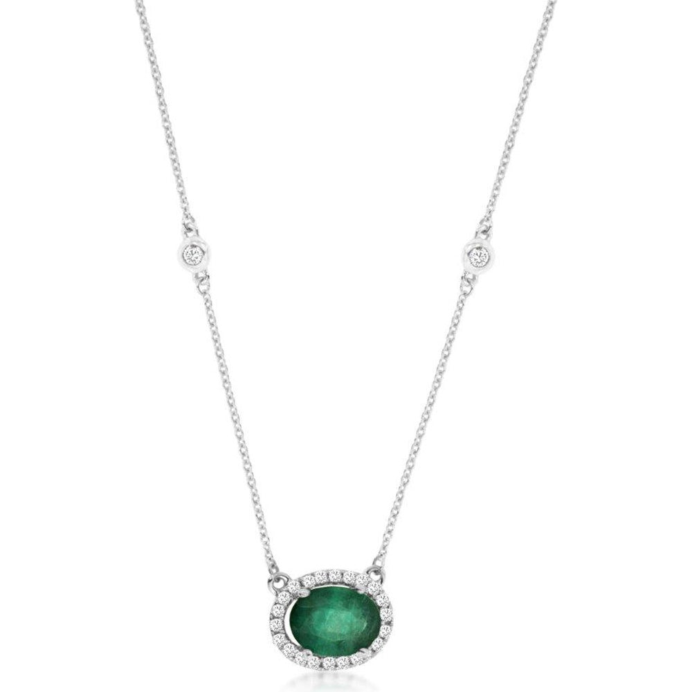 14K White Gold Station Necklace with Oval Emerald and Diamond Halo - 1.10 Carat Emerald and 0.27 Carat Total Diamond Weight - Royal Jewelry