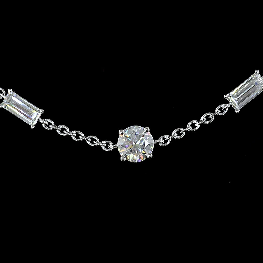 14K White Gold Station Necklace with Prong Set Round and Baguette Lab Diamonds - 4.14 Carat Total Weight - Covaloro Fine Jewelry