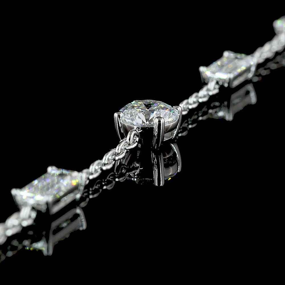 14K White Gold Station Necklace with Prong Set Round and Baguette Lab Diamonds - 4.14 Carat Total Weight - Covaloro Fine Jewelry