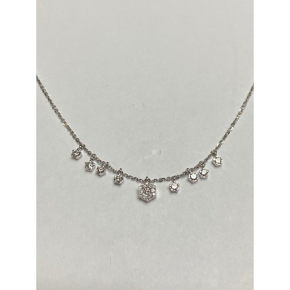 14K White Gold Station Necklace with Prong-Set Round Diamond Heart Cluster and Dangles - 0.54 Carat Total Diamond Weight by Auriventus
