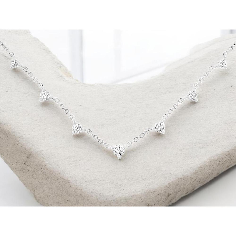14K White Gold Station Necklace with Round Brilliant Cut Diamonds in Four-Prong Settings - 0.38 Carat Total Diamond Weight - Royal Jewelry