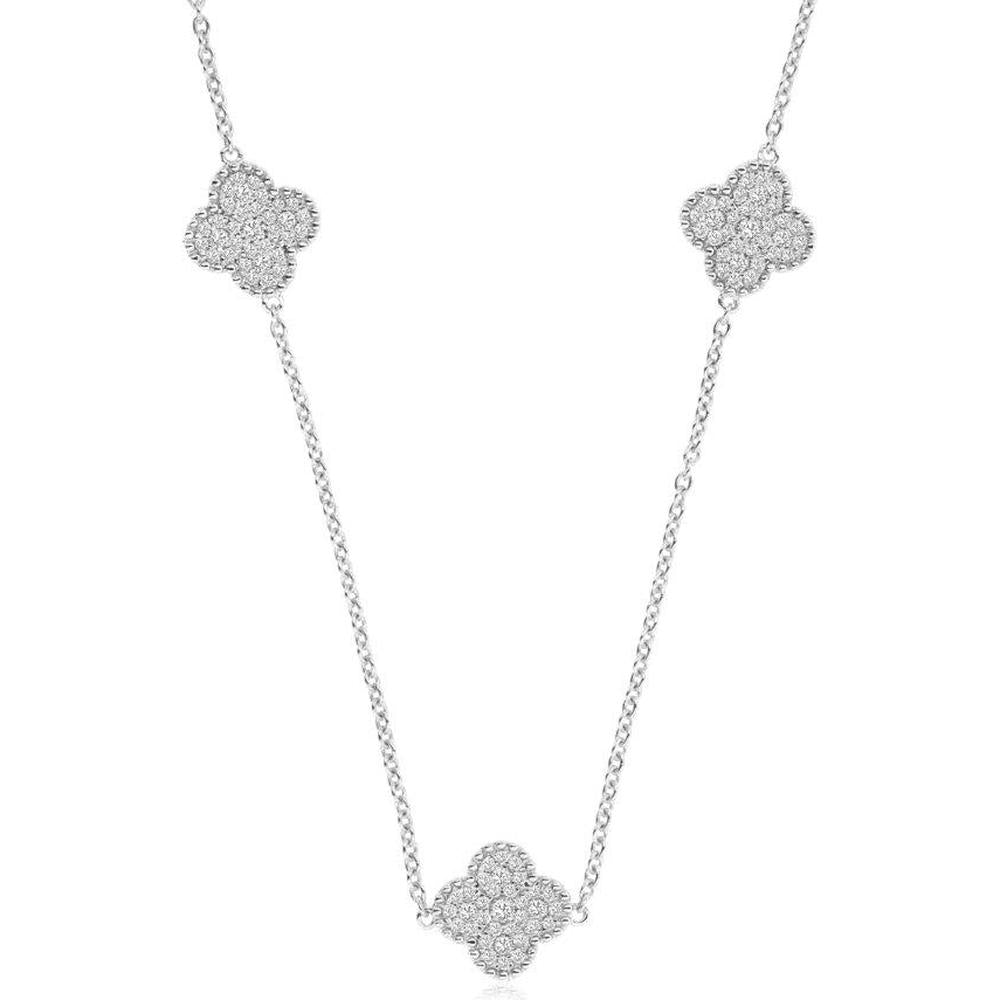 14K White Gold Station Necklace with Three Clover Motifs and Round Diamonds - 0.85 Carat Total Diamond Weight - Royal Jewelry