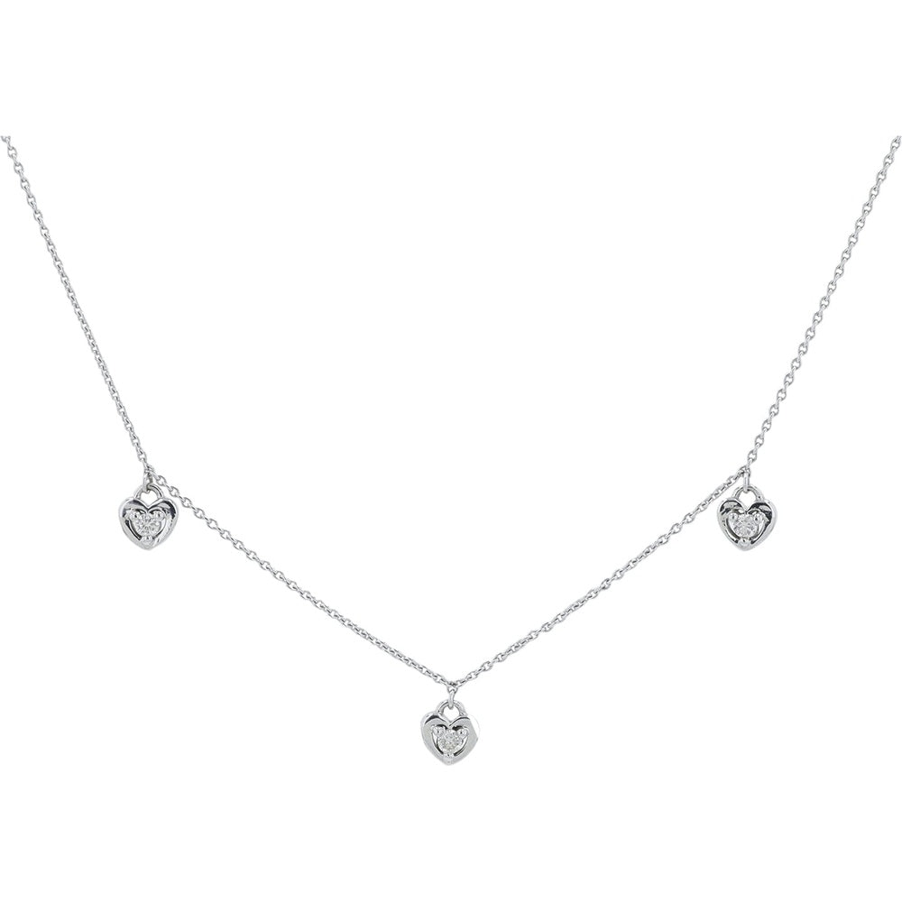 14K White Gold Station Necklace with Three Heart Motifs and Round Diamonds - 0.10 Carat Total Diamond Weight