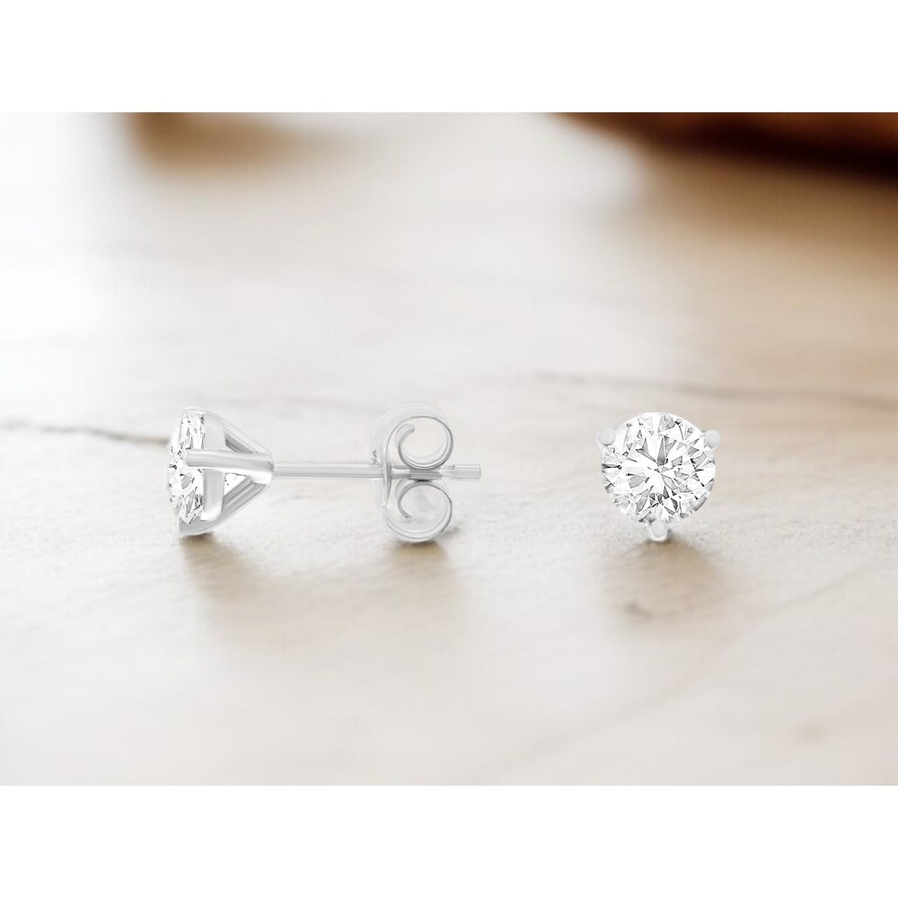 14K White Gold Stud Earrings with 3-Prong Set Round Lab-Grown Diamonds - 1.00 Carat Total Diamond Weight - Royal Jewelry