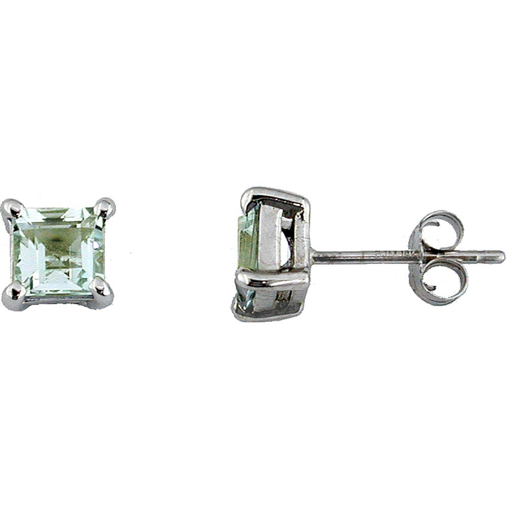 14K White Gold Stud Earrings with 4-Prong Set Princess Cut Green Amethysts - 2.20 Carat Total Gem Weight - Royal Jewelry