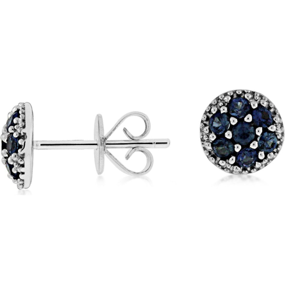14K White Gold Stud Earrings with Cluster Round Sapphires and Diamond Halo - 0.75 Carat Total Sapphire Weight - Royal Jewelry