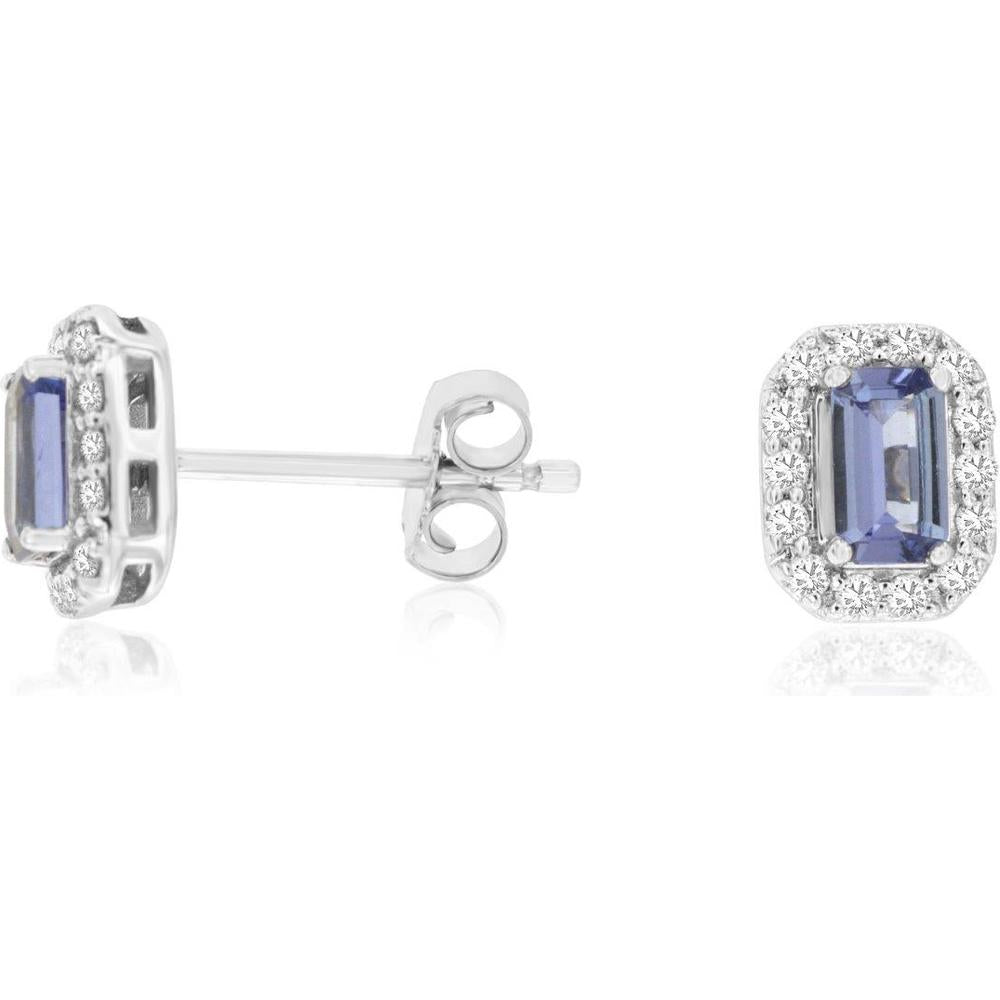 14K White Gold Stud Earrings with Emerald-Cut Tanzanites and Diamond Halo - 0.64 Carat Total Tanzanite Weight - Royal Jewelry