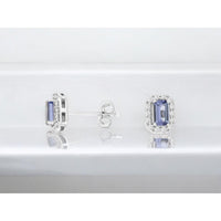 14K White Gold Stud Earrings with Emerald-Cut Tanzanites and Diamond Halo - 0.64 Carat Total Tanzanite Weight - Royal Jewelry
