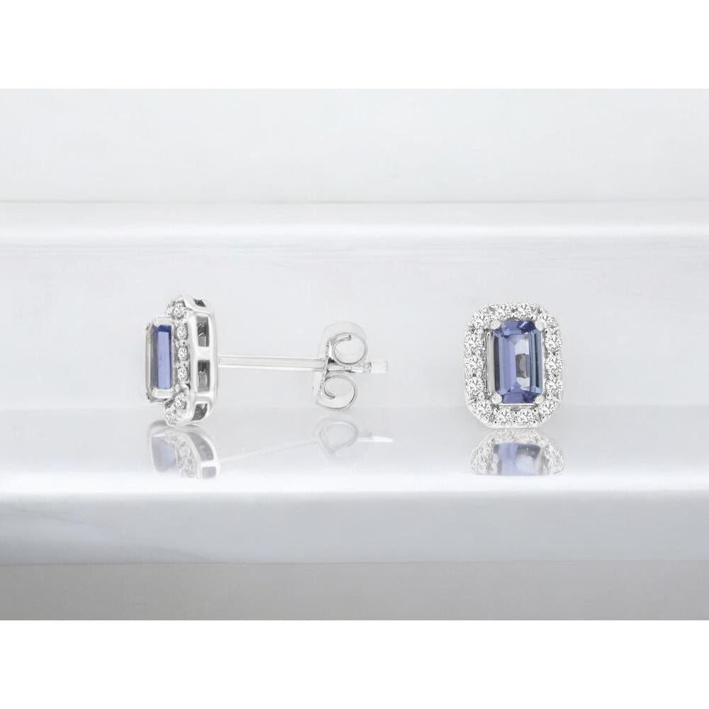 14K White Gold Stud Earrings with Emerald-Cut Tanzanites and Diamond Halo - 0.64 Carat Total Tanzanite Weight - Royal Jewelry