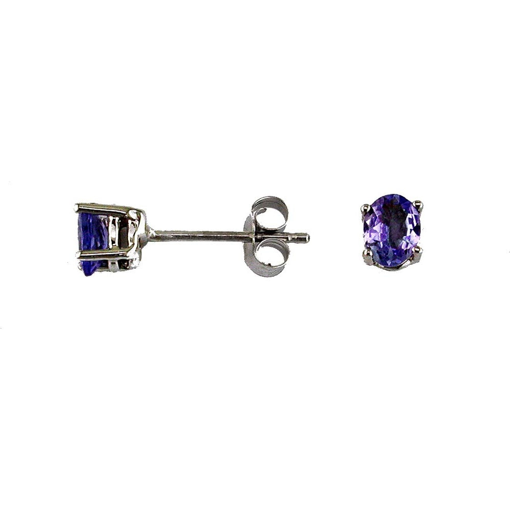 14K White Gold Stud Earrings with Four-Prong Set Oval Tanzanite - 0.70 Carat Total Gem Weight - Royal Jewelry