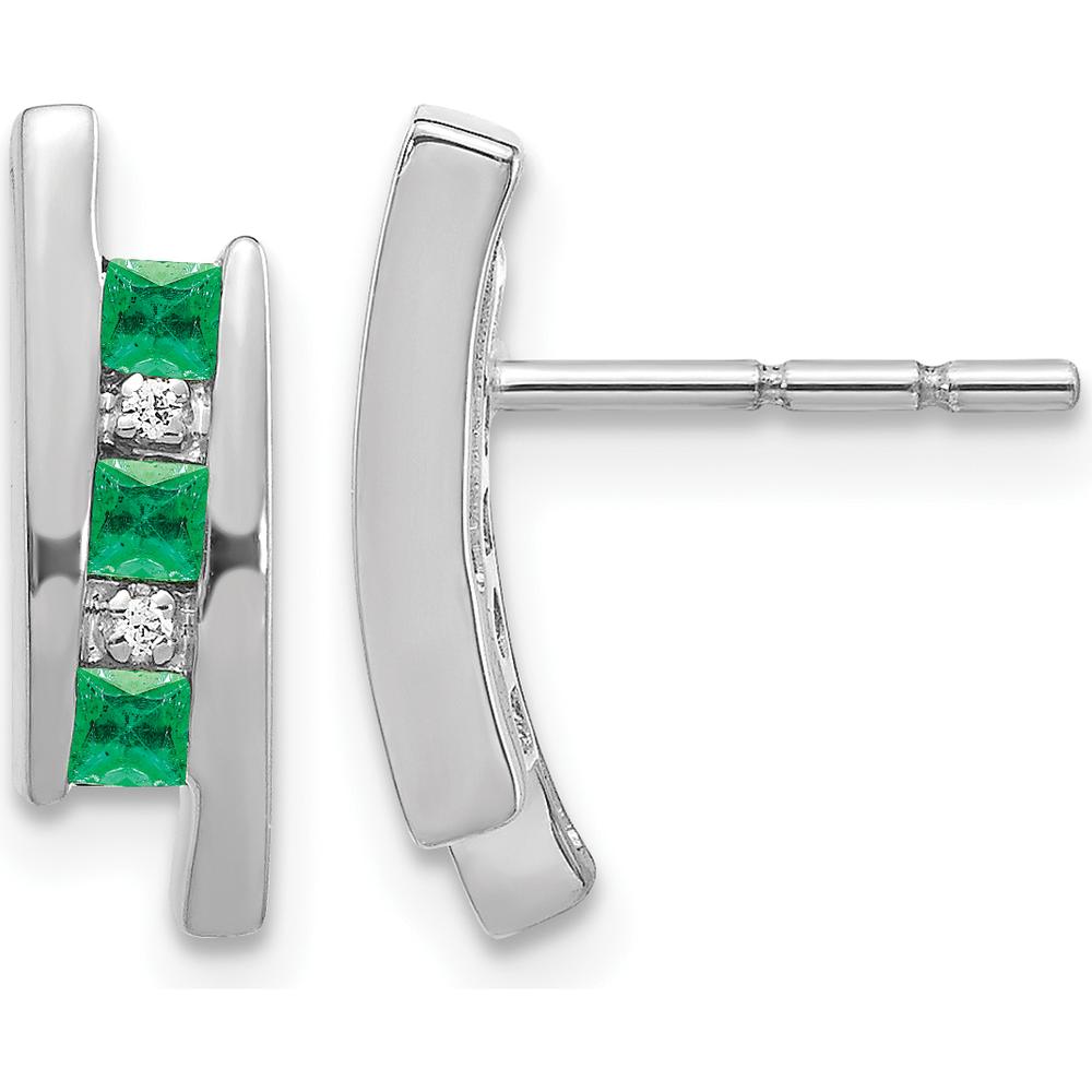 14K White Gold Stud Earrings with Princess Cut Emeralds and Round Diamonds - 0.05 Carat Emerald and 0.005 Carat Diamond Total Weight by Monteluci Fine Jewelry