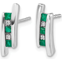 14K White Gold Stud Earrings with Princess Cut Emeralds and Round Diamonds - 0.05 Carat Emerald and 0.005 Carat Diamond Total Weight by Monteluci Fine Jewelry