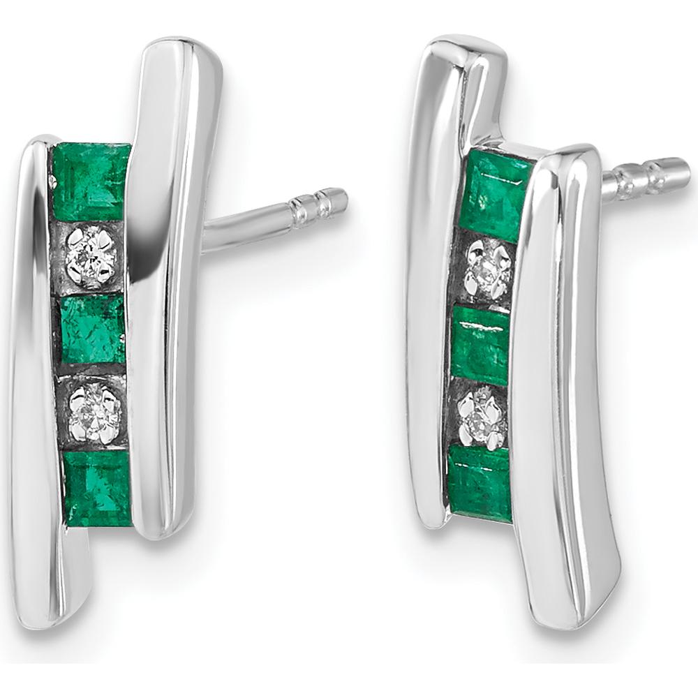 14K White Gold Stud Earrings with Princess Cut Emeralds and Round Diamonds - 0.05 Carat Emerald and 0.005 Carat Diamond Total Weight by Monteluci Fine Jewelry