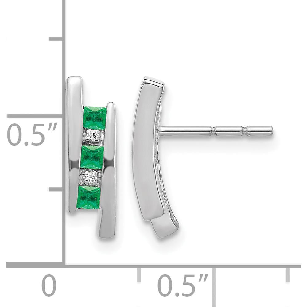 14K White Gold Stud Earrings with Princess Cut Emeralds and Round Diamonds - 0.05 Carat Emerald and 0.005 Carat Diamond Total Weight by Monteluci Fine Jewelry