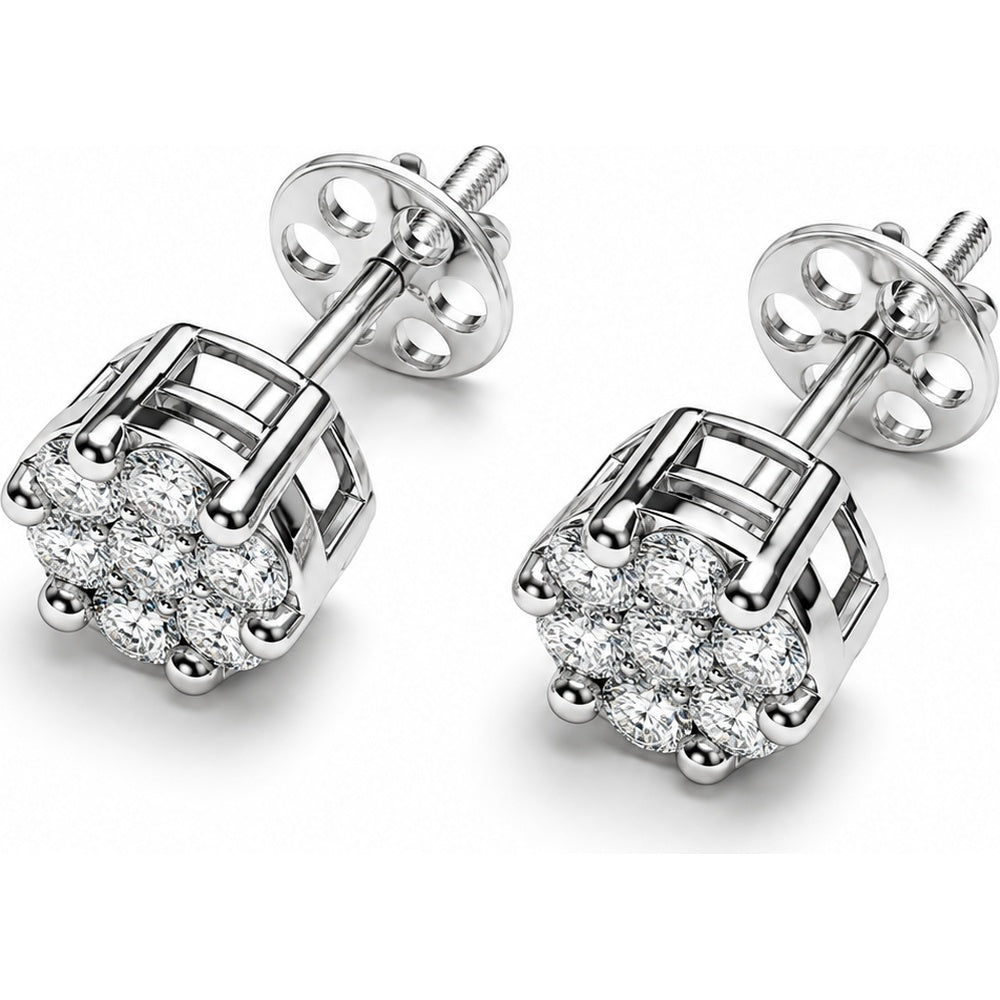 14K White Gold Stud Earrings with Prong-Set Round Diamond Cluster - 0.77 Carat Total Diamond Weight by Auriventus