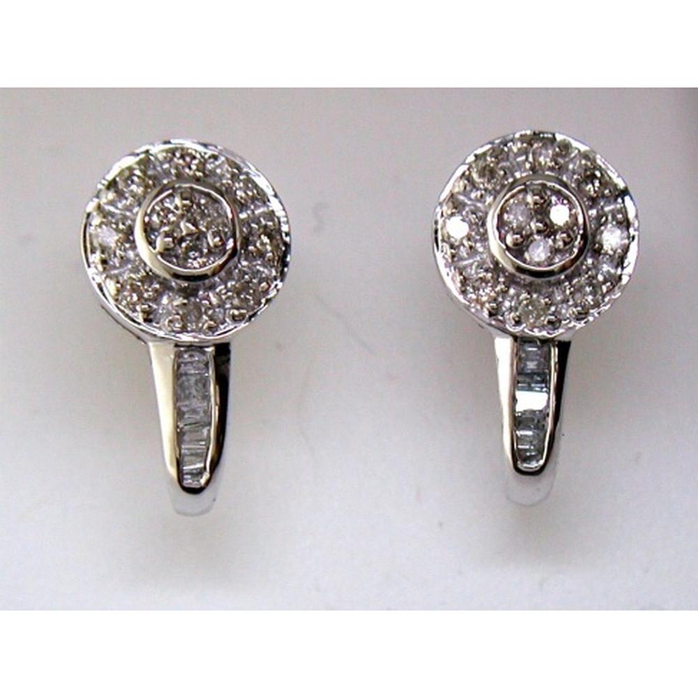 14K White Gold Stud Earrings with Round and Baguette Diamonds - 0.25 Carat Total Diamond Weight - Royal Jewelry