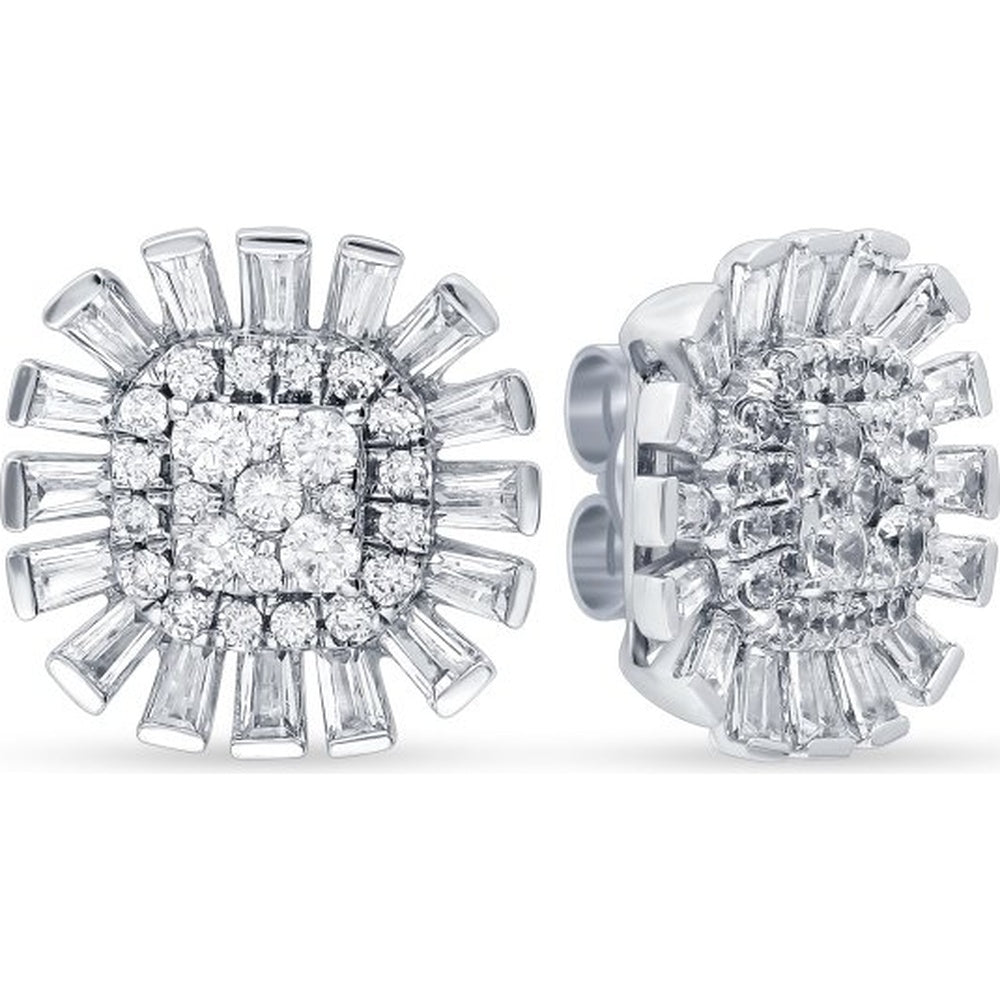 14K White Gold Stud Earrings with Round and Tapered Baguette Diamond Cluster Halo - 0.86 Carat Total Diamond Weight by Auriventus