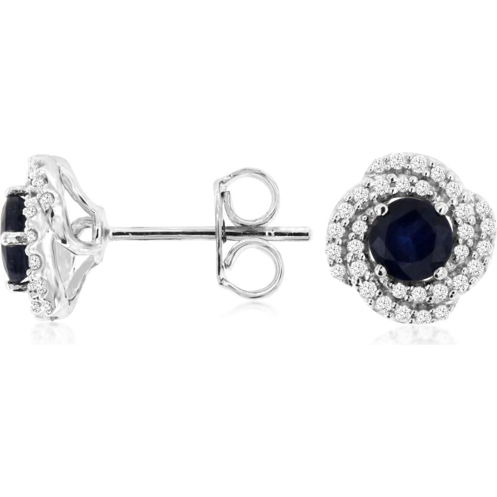 14K White Gold Stud Earrings with Round Blue Sapphires and Diamond Halo – 1.13 Total Carat Weight (0.90 Carat Sapphire, 0.23 Carat Diamond) - Royal Jewelry
