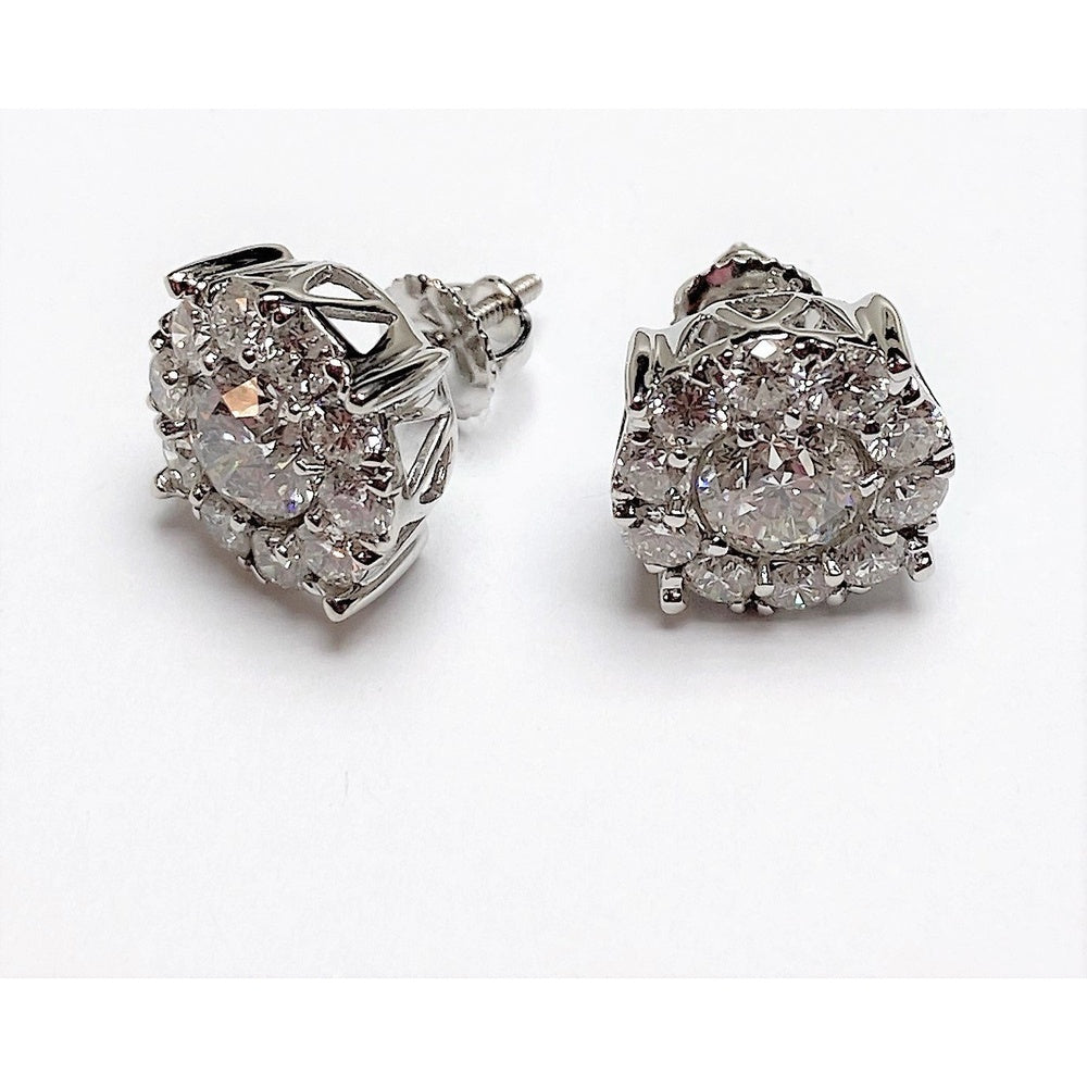 14K White Gold Stud Earrings with Round Diamond Halo - 3.35 Carat Total Diamond Weight by Auriventus