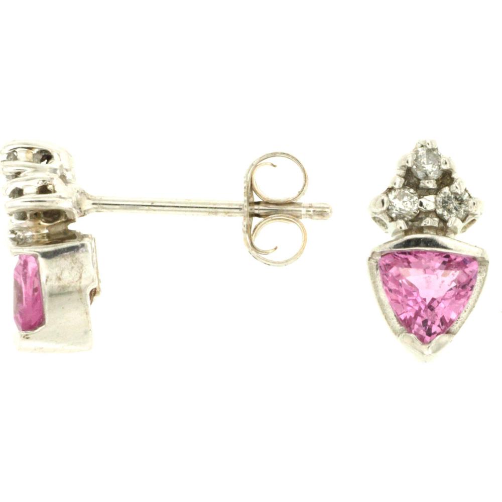 14K White Gold Stud Earrings with Trillion Cut Pink Sapphires and Round Diamond Clusters - 0.80 Carat Total Pink Sapphire Weight, 0.10 Carat Total Diamond Weight - Royal Jewelry