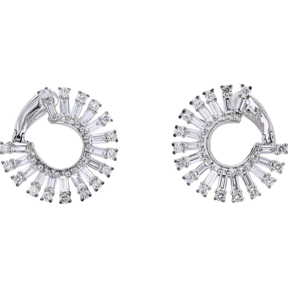 14K White Gold Sunburst Diamond Huggie Earrings - 1.50 Carat Total Diamond Weight
