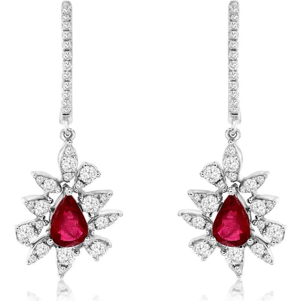 14K White Gold Sunburst Drop Earrings with Pear-Shaped Rubies and Round Diamond Halo - 1.75 Carat Total Diamond Weight and 0.90 Carat Total Ruby Weight - Royal Jewelry
