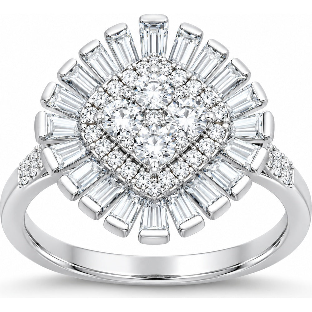 14K White Gold Sunburst Halo Ring with Round and Baguette Diamonds - 0.90 Carat Total Diamond Weight by Auriventus
