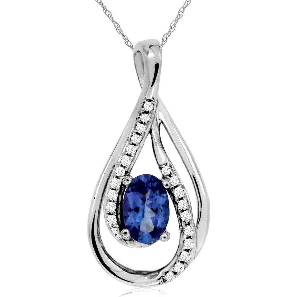14K White Gold Sweeping Teardrop Pendant with Oval Tanzanite and Brilliant-Cut Diamond Accents - 0.50 Carat Tanzanite and 0.08 Carat Total Diamond Weight - Royal Jewelry