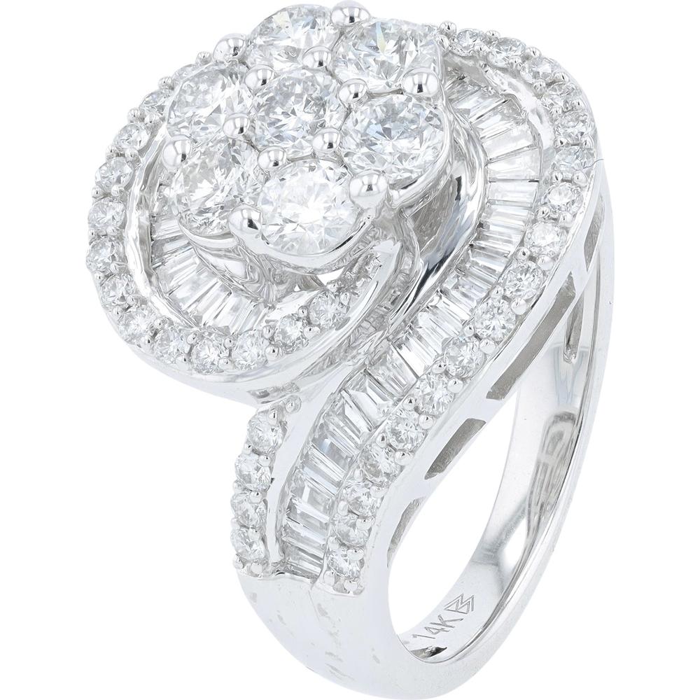 14K White Gold Swirl Cluster Ring with Round and Baguette Diamonds - 2.00 Carat Total Diamond Weight