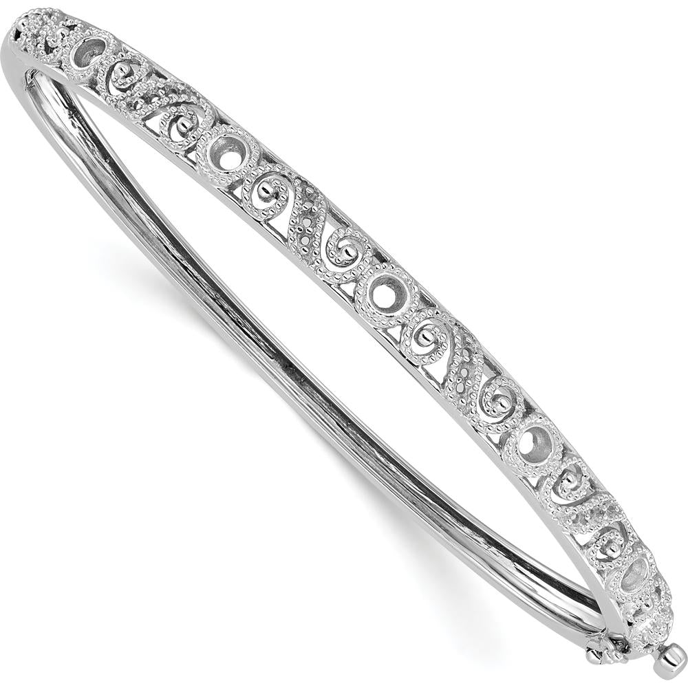 14K White Gold Swirl Filigree Oval Bangle Mounting with Graduated Round Stone Settings - Holds 0.75 Carat Total Weight by Oro Pregiato
