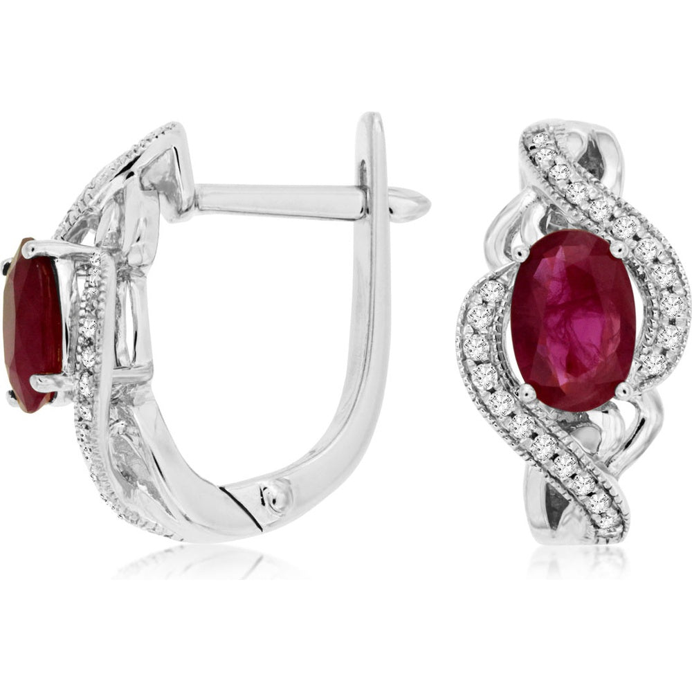 14K White Gold Swirl Huggie Earrings with Oval Rubies and Diamond Milgrain Accents - 1.10 Carat Total Ruby Weight and 0.13 Carat Total Diamond Weight - Royal Jewelry
