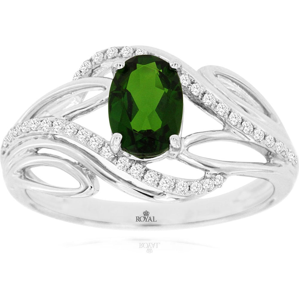 14K White Gold Swirl Ring with Oval Russalite and Round Diamond Accents - 0.95 Carat Russalite and 0.16 Carat Total Diamond Weight - Royal Jewelry