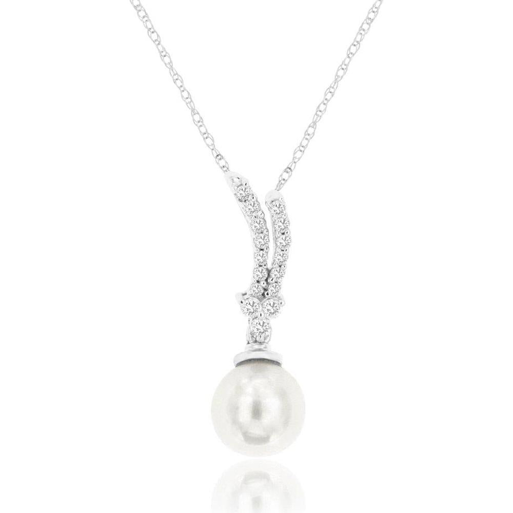 14K White Gold Swirling Diamond & Pearl Pendant with 0.15 Carat Round Diamonds and Lustrous Cultured Pearl - Royal Jewelry