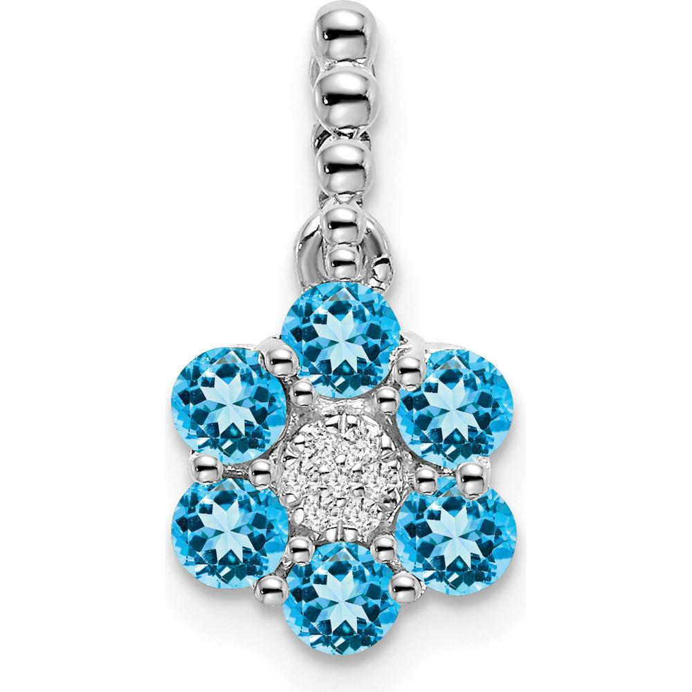14K White Gold Swiss Blue Topaz and Diamond Floral Pendant with Rhodium Plating - 0.10 Carat Total Blue Topaz Weight, 0.004 Carat Total Diamond Weight by Lumare Gioia
