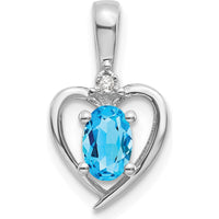 14K White Gold Swiss Blue Topaz and Diamond Heart Pendant - 0.56 Carat Topaz, 0.007 Carat Diamond by Oro Pregiato