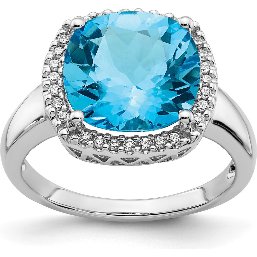 14K White Gold Swiss Blue Topaz Cushion Cut Ring with Round Diamonds - 5.02 Carat Total Gem Weight by 0