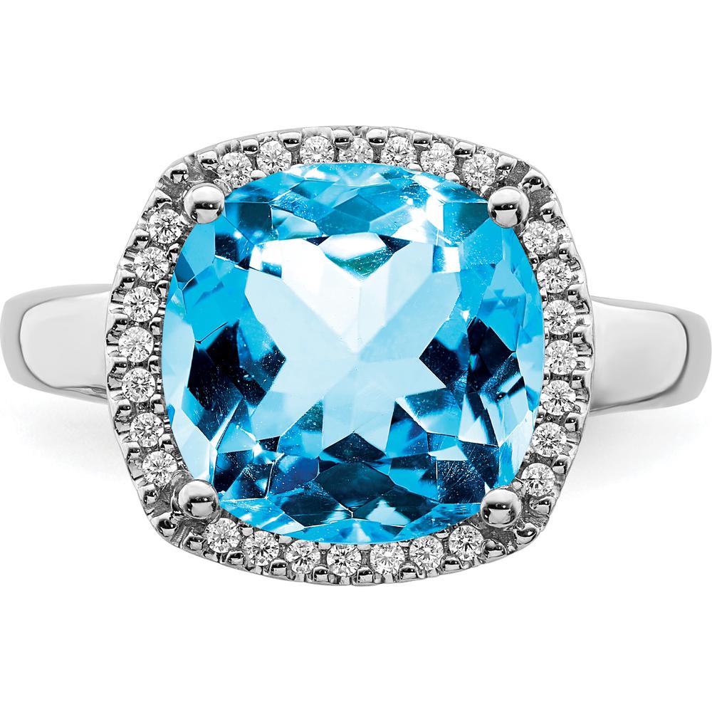 14K White Gold Swiss Blue Topaz Cushion Cut Ring with Round Diamonds - 5.02 Carat Total Gem Weight by 0