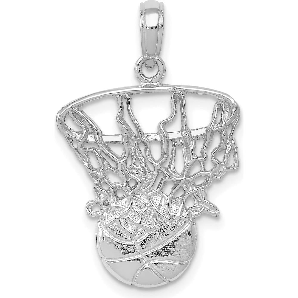 14K White Gold Swoosh Basketball and Net Pendant - Rhodium Plated Polished Finish by Oro Pregiato