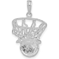 14K White Gold Swoosh Basketball and Net Pendant - Rhodium Plated Polished Finish by Oro Pregiato